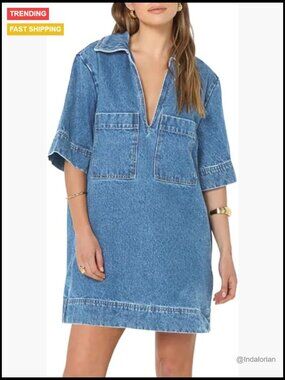 Denim Dress Deep V Neck Shift Mini Dress Short Sleeve Casual